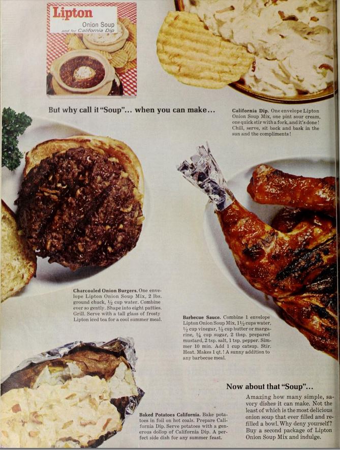 LIPTON ONION SOUP Mix Original 1965 Vintage Color Print Advertisement  Campfire Bean Dinner & Chicken and Olive Salad Topping Recipes 