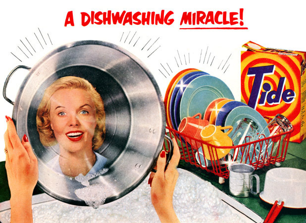 1950s ad for Tide for laundry and sparkling dishes. 